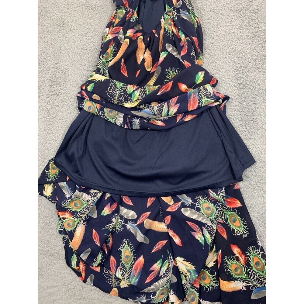 I Joah (S) Blue Colorful Feather Print Lined Adjustable Spaghetti Strap Dress - Picture 5 of 12